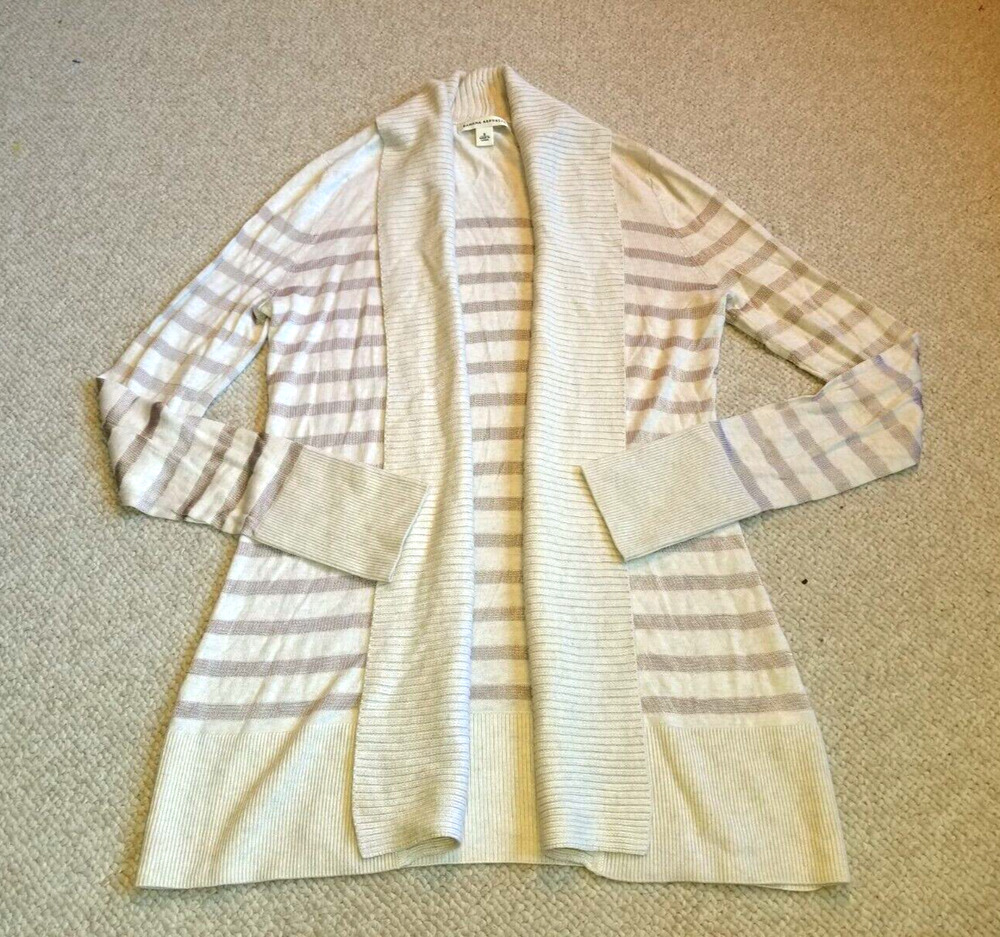 Womens Sweater-BANANA REPUBLIC-beige/brown rayon/cotton striped open cardigan-S